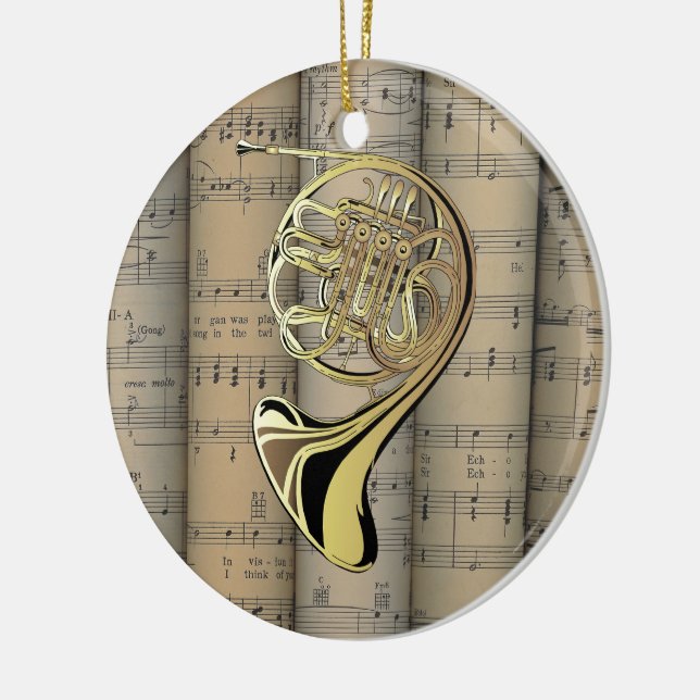 French Horn ~ Rolled Sheet Music Back ~ Musical Ceramic Ornament (Left)