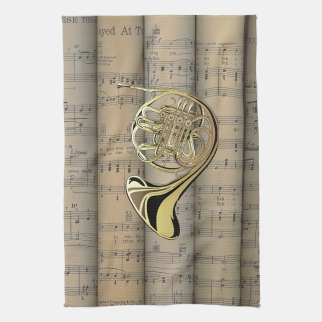 French Horn ~ Rolled Sheet Music Back ~ Musical Towel (Vertical)