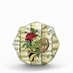 French Horn ~ Rose ~ Rolled Sheet Music ~  Acrylic Award