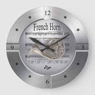 French Horn ~ Sheet Music ~ Brushed Silver Color ~ Large Clock