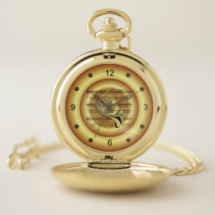 French Horn ~ Sheet Music ~ Gold Background ~ Pocket Watch