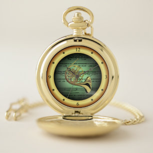 French Horn ~ Sheet Music ~ Green/Gold Background Pocket Watch