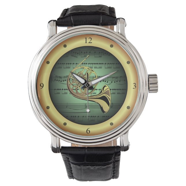 French Horn ~ Sheet Music ~ Green/Gold Background  Watch (Front)