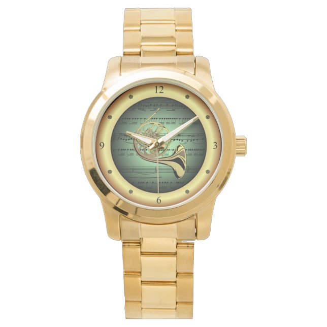 French Horn ~ Sheet Music ~ Green/Gold Background  Watch (Front)