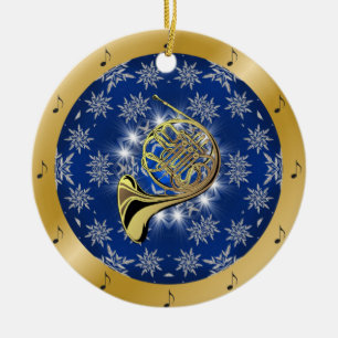 French Horn ~ Silver ~ Blue ~ Gold ~ Christmas ~ Ceramic Ornament