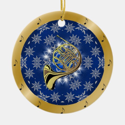 French Horn  Silver  Blue  Gold  Christmas  Ceramic Ornament