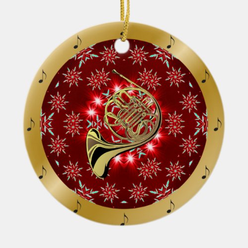 French Horn  Silver  Red Gold  Christmas  Ceramic Ornament