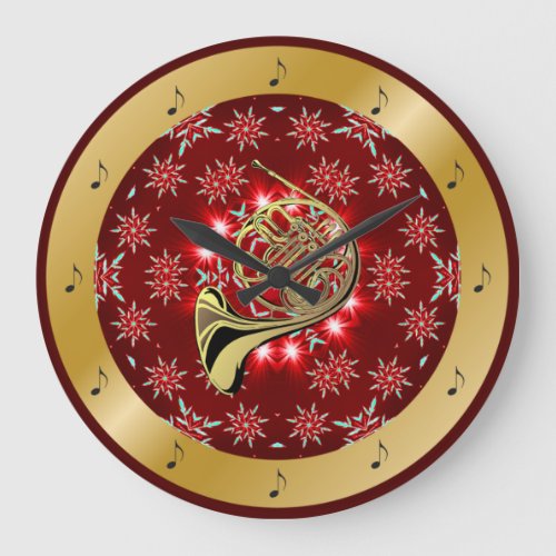 French Horn  Silver  Red  Gold  Christmas  Large Clock