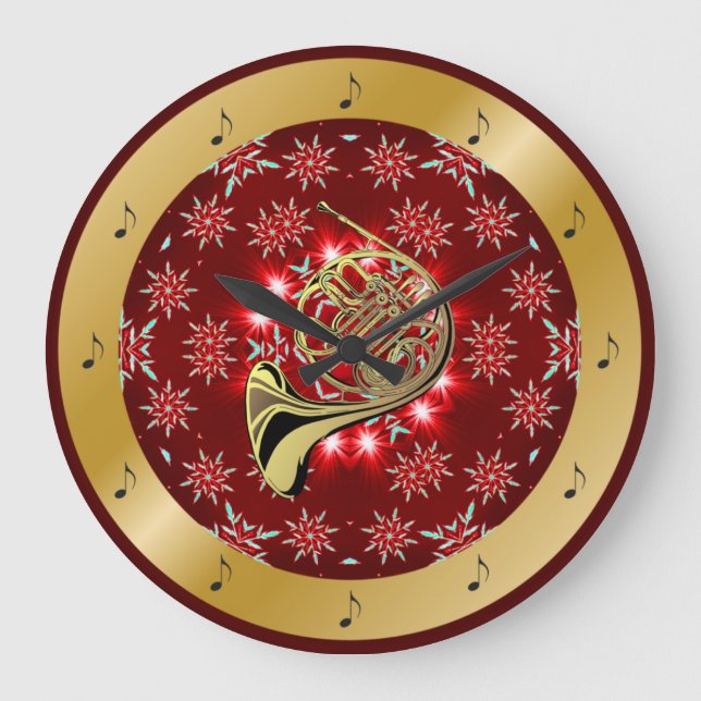 French Horn ~ Silver ~ Red ~ Gold ~ Christmas ~ Large Clock (Front)