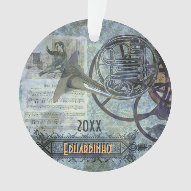 French Horn Steampunk Custom Name and Year Ornament (Front)