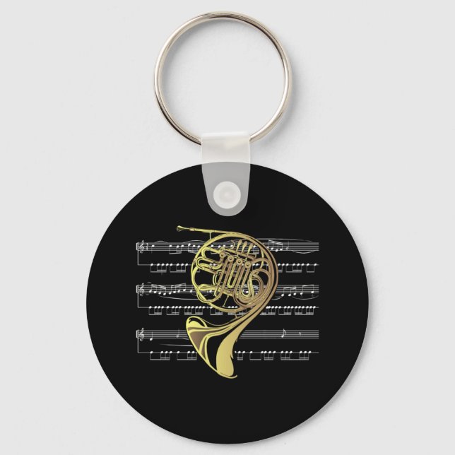 French Horn w/Sheet Music ~ Black Background Keychain (Front)