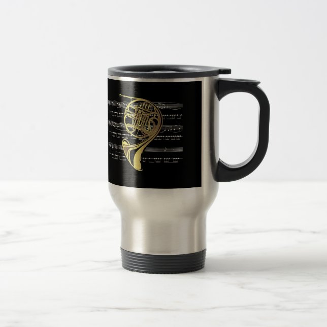 French Horn w/Sheet Music ~ Black Background Travel Mug (Right)