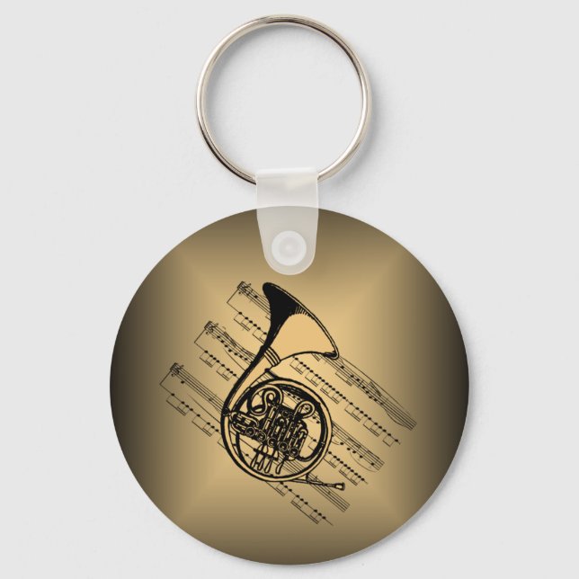French Horn With Sheet Music Background Keychain (Front)