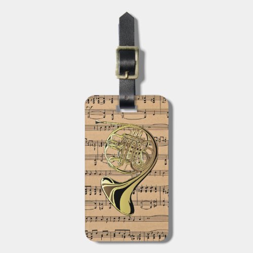 French Horn  With Sheet Music Background Luggage Tag