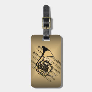French Horn With Sheet Music Background Luggage Tag
