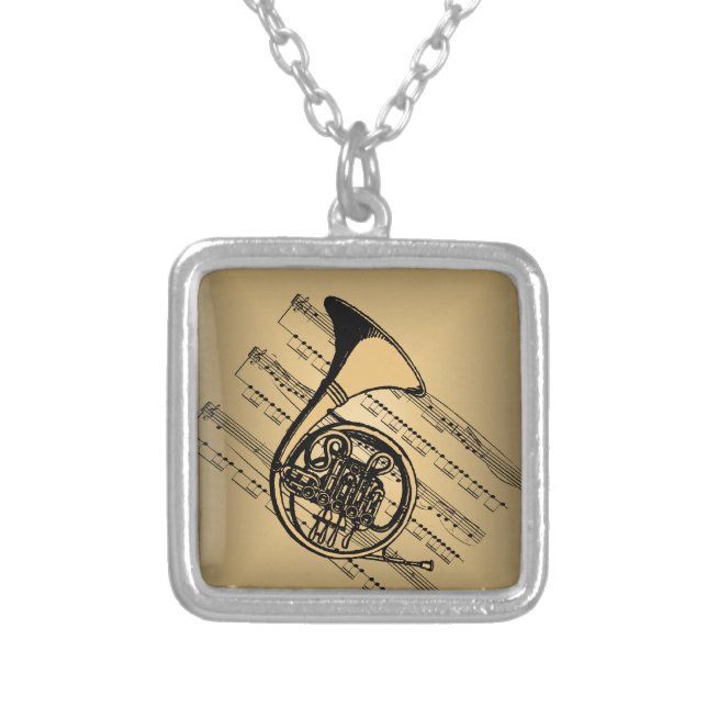 French Horn With Sheet Music Background Silver Plated Necklace (Front)