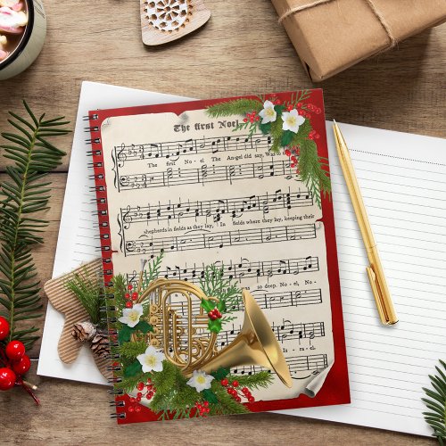 French Horn with Vintage Sheet Music Christmas Notebook