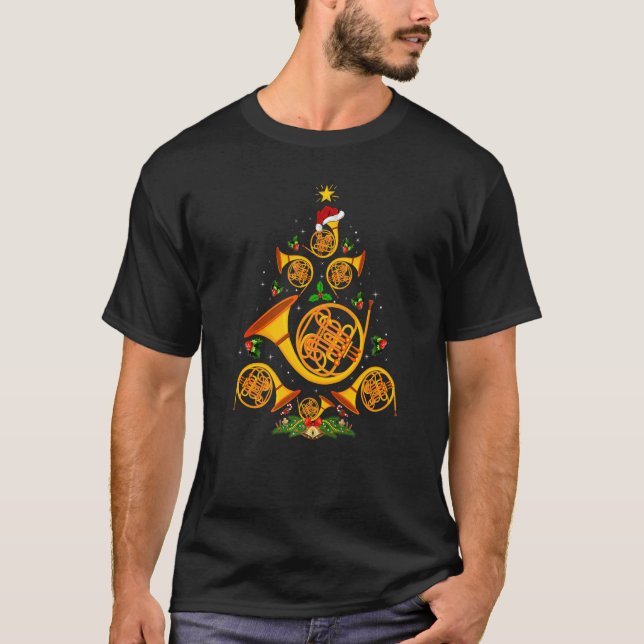 French Horn  Xmas Lights French Horn Christmas Tre T-Shirt (Front)