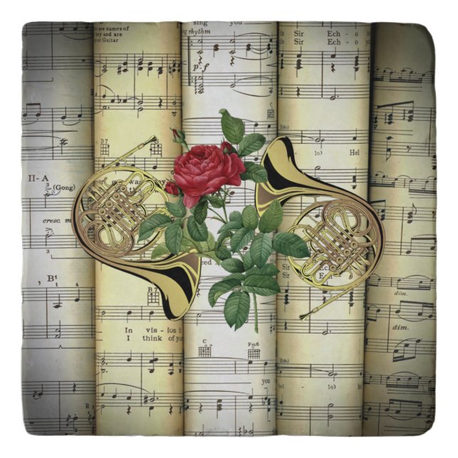 French Horns & Rose ~ Rolled Sheet Music ~ A Great Trivet (Front)