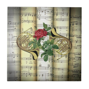 French Horns & Rose ~ Rolled Sheet Music ~ Ceramic Tile