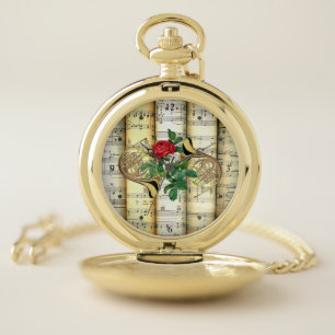 French Horns & Rose ~ Rolled Sheet Music ~ Pocket Watch