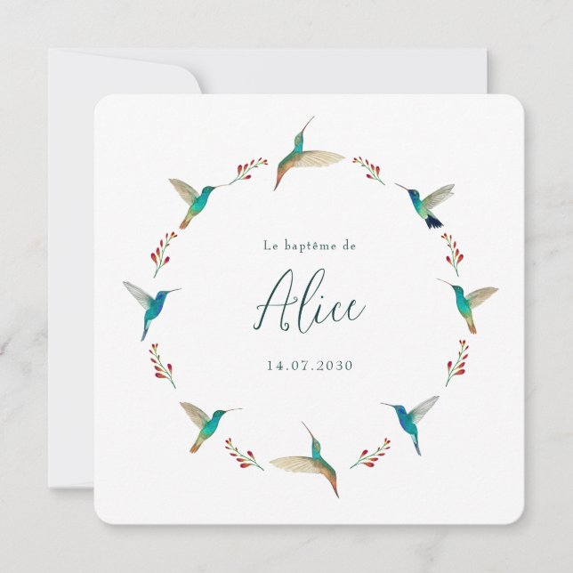 French Hummingbird Baptism Invitation (Front)