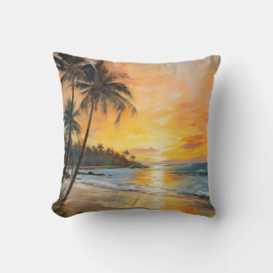 French Impressionism: Sunset Beach and Palm Trees Throw Pillow