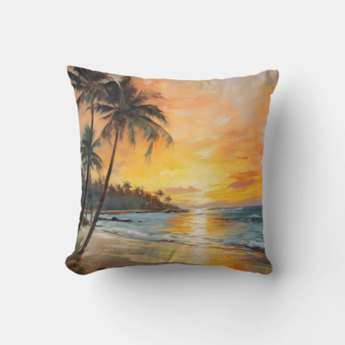 French Impressionism Sunset Beach and Palm Trees Throw Pillow
