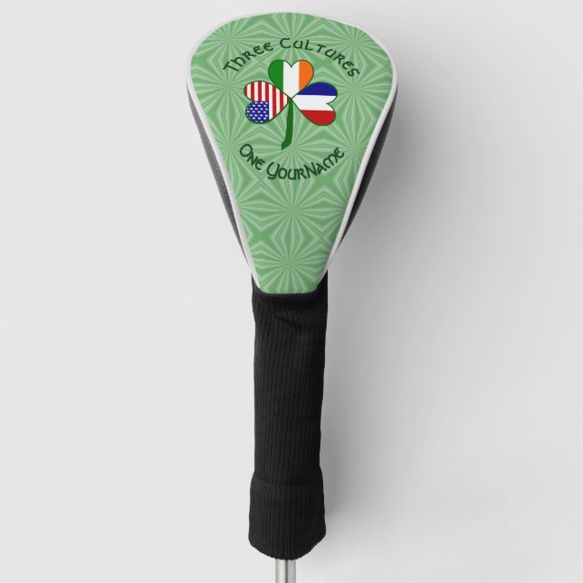 French Irish USA Flags Shamrock Personalized  Golf Head Cover (Front)