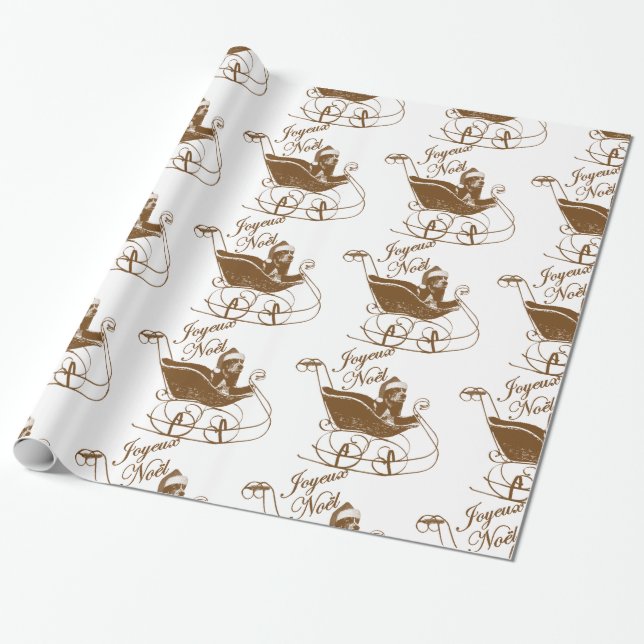 French Joyeux Noel Basset Hound Dog Sleigh X'mas Wrapping Paper (Unrolled)