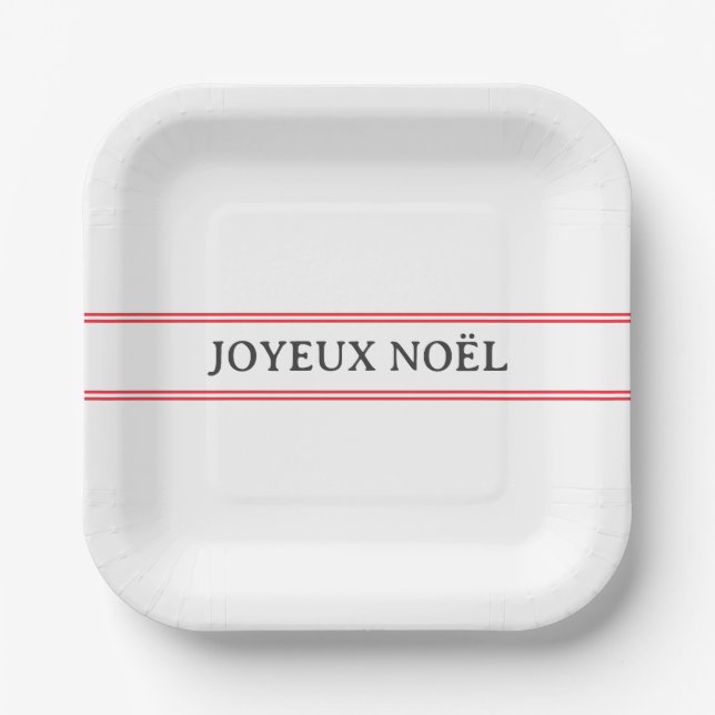 French Joyeux Noël Red Stripe Christmas Paper Plates (Front)
