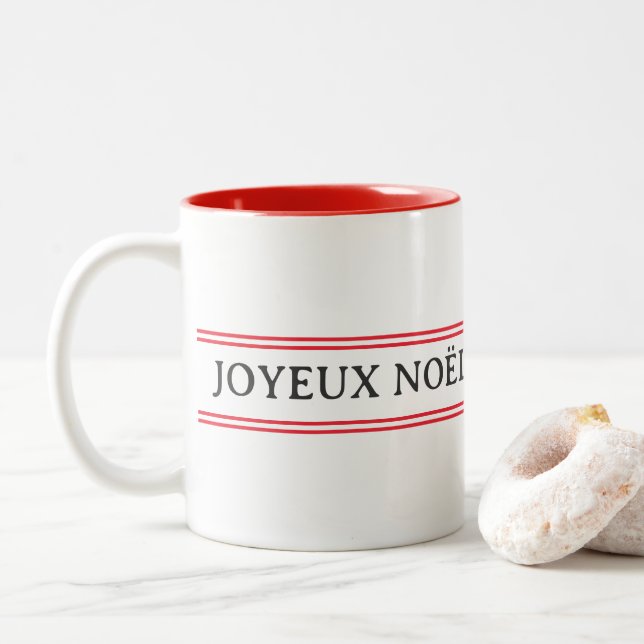 French Joyeux Noël Red Stripe Christmas Two-Tone Coffee Mug (With Donut)