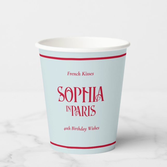 French Kisses & 40th Birthday Wishes Paris Party Paper Cups (Front)