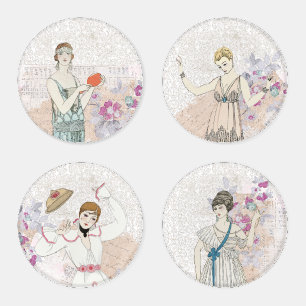 French Lady Art Deco Floral Vintage Coaster Set