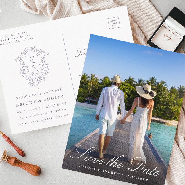 French Lavender Floral Crest Photo Save the Date Postcard (Front & Back)