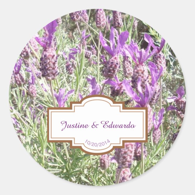 French Lavender Flowers Personalized Wedding Classic Round Sticker (Front)