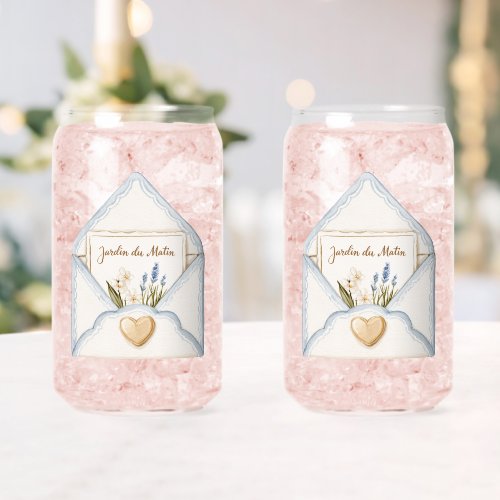 French Light Blue Cream Envelope Heart Floral   Can Glass
