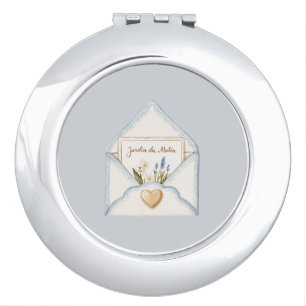 French Light Blue Cream Envelope Heart Floral Compact Mirror