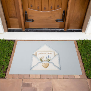 French Light Blue Cream Envelope Heart Floral Doormat