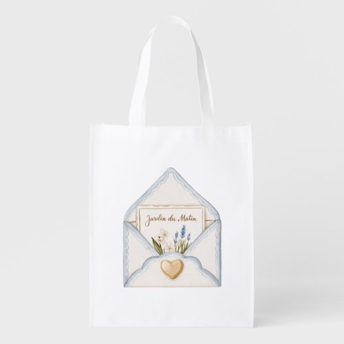 French Light Blue Cream Envelope Heart Floral Grocery Bag