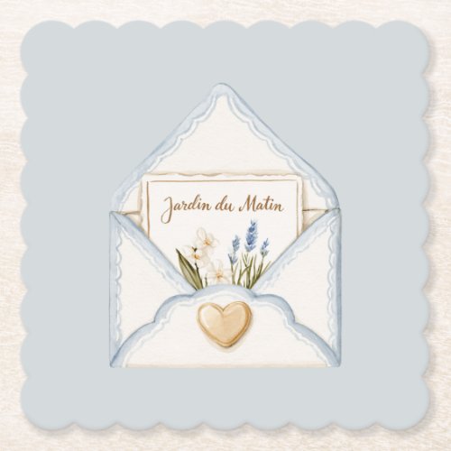 French Light Blue Cream Envelope Heart Floral   Paper Coaster