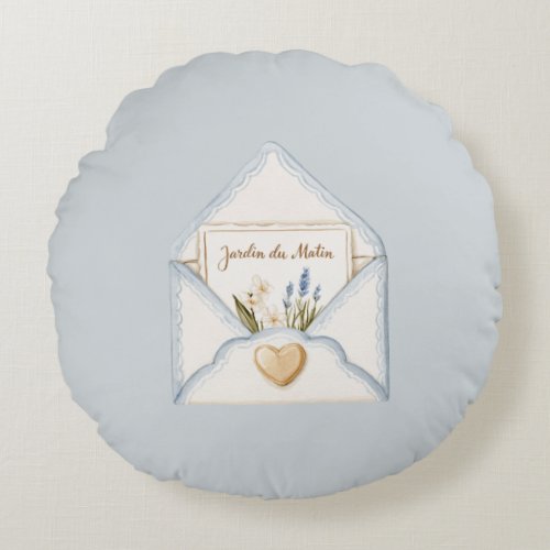 French Light Blue Cream Envelope Heart Floral   Round Pillow