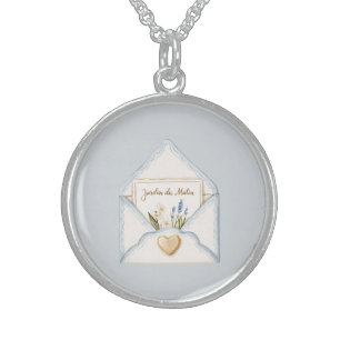 French Light Blue Cream Envelope Heart Floral Sterling Silver Necklace