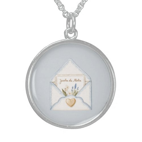French Light Blue Cream Envelope Heart Floral Sterling Silver Necklace