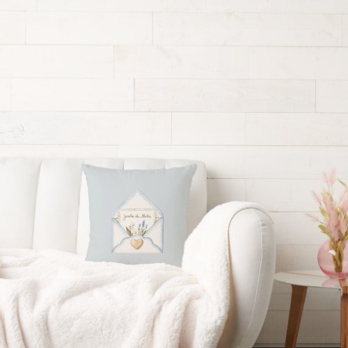 French Light Blue Cream Envelope Heart Floral   Throw Pillow