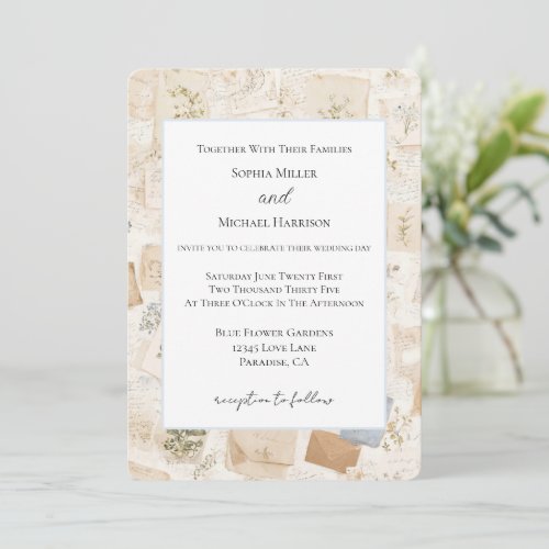 French Light Blue Envelope Heart Floral Wedding Invitation