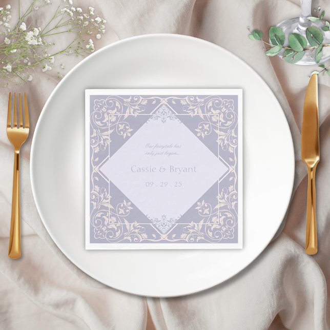 French Lilac Vintage Elegant Victorian Wedding Napkins (elegant lavender purple and blush pink wedding napkins for victorian regency era fairytale events)