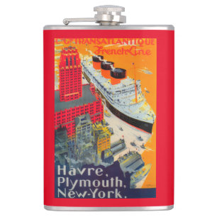 French Line Travel Poster, Havre to Plymouth, NY Flask