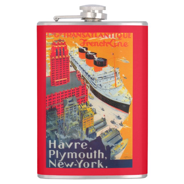 French Line Travel Poster, Havre to Plymouth, NY Flask (Front)