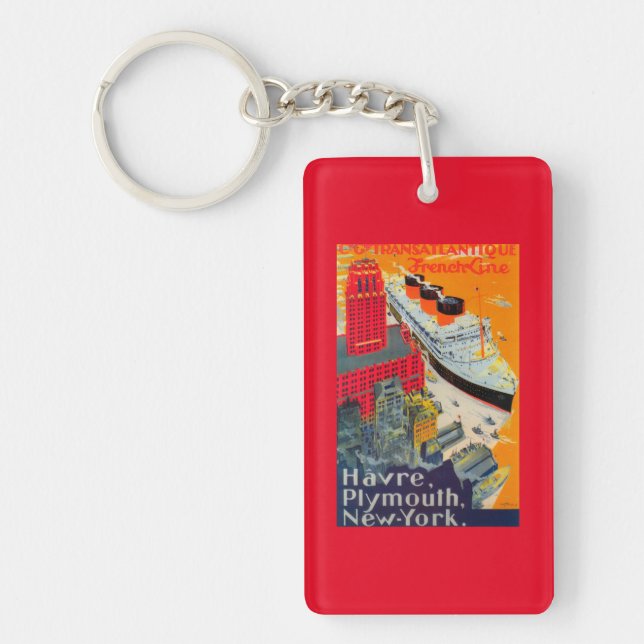 French Line Travel Poster, Havre to Plymouth, NY Keychain (Front)